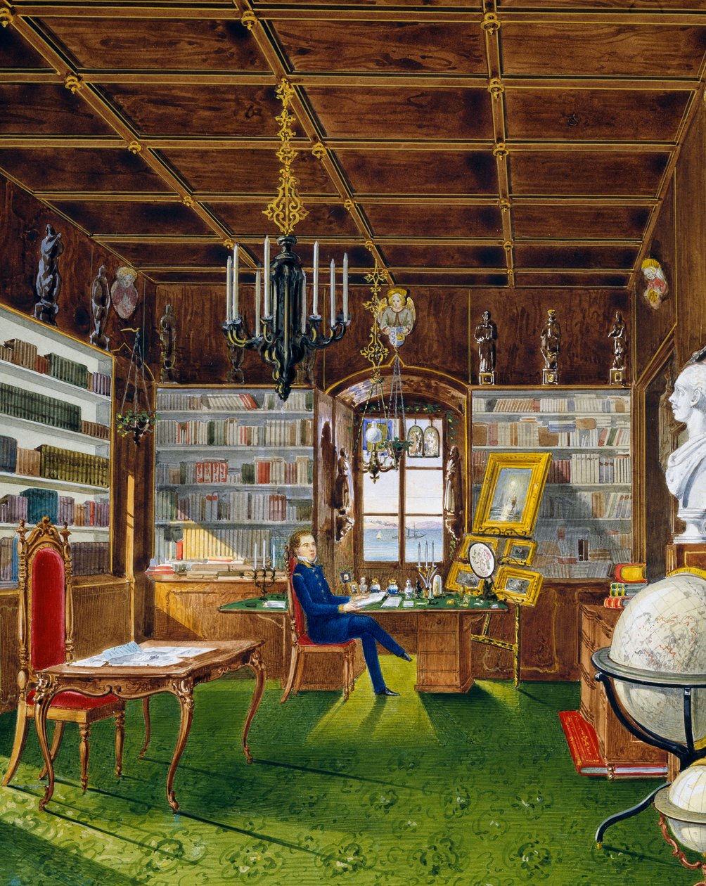 Biblioteka w Villa Lazarovich, rezydencja Maksymiliana Habsburga w Trieście (1832-1867), tempera Germano Prosdocimi autorstwa Germano Prosdocimi