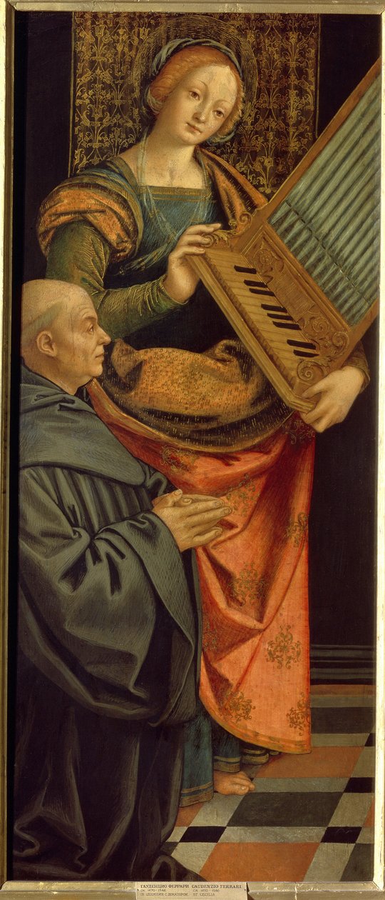 Święta Cecylia Rzymska (III w.) (św. Cecylia). Niosący organy, z mnichem klęczącym w modlitwie u jego stóp. Obraz Gerolamo Giovenone (1490-1555), tempera na drewnie, po 1530. Sztuka włoska (Mediolan) autorstwa Gerolamo Giovenone