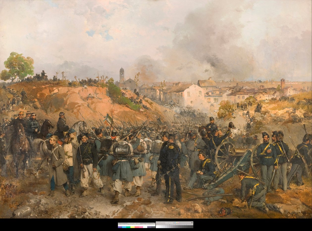 Risorgimento, II wojna o niepodległość Włoch: Bitwa pod Palestro 30.05.1859 pomiędzy Cesarstwem Austriackim a połączonymi siłami Królestwa Sardynii-Piemontu i Francji Obraz Gerolamo Induno (1825-1890) 1860 Kolekcja prywatna autorstwa Gerolamo Induno