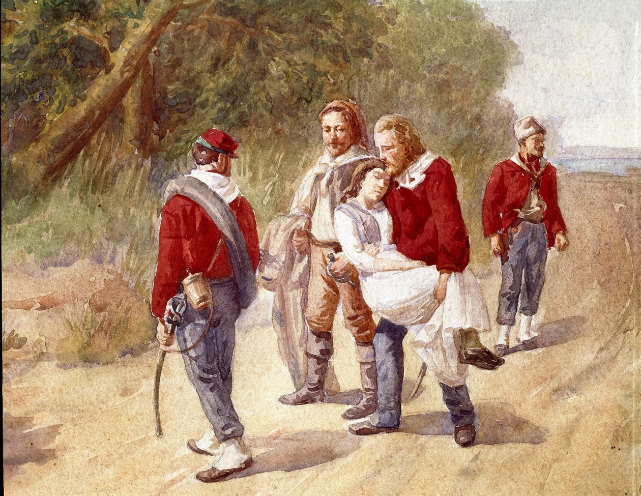 Włoski patriota Giuseppe Garibaldi przewozi swoją żonę Anitę chorą na palucha do Rawenny w 1849 r. (Akwarela) autorstwa Gerolamo Induno