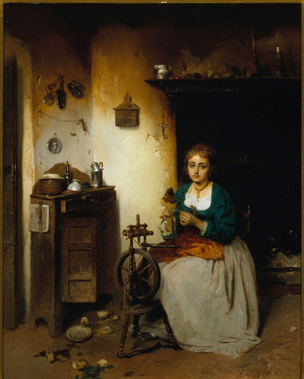 Młoda kobieta przędąca wełnę, jej wyraz twarzy jest smutny, a jej wnętrze nieszczęśliwe. Obraz Gerolamo (Girolamo) Induno (1825-1890) wym. 65x52 cm Genes Nervi, Galleria d