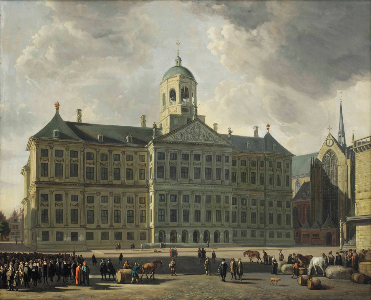 Widok na tamę z nowym ratuszem, Nieuwe Kerk i Waag, Amsterdam autorstwa Gerrit Adriaensz Berckheyde