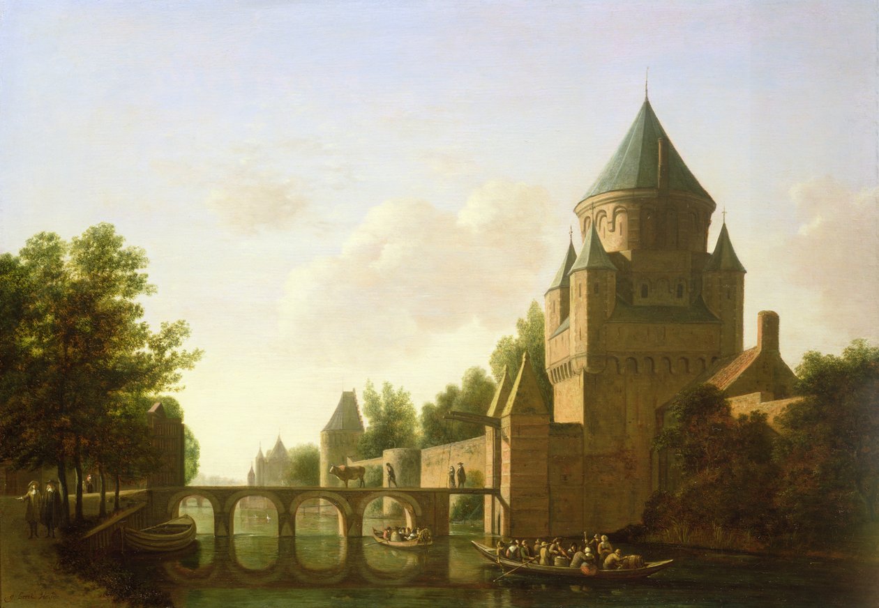 Wieczorny widok na Kleine Houtpoort w Haarlemie (panel) autorstwa Gerrit Adriaensz Berckheyde