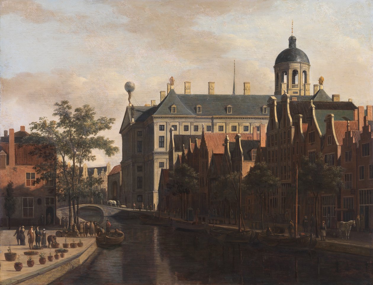 Niderlandzki: Amsterdam, targ kwiatowy do ratusza Nieuwezijds Voorburgwal z targiem kwiatów i drzew w Amsterdamie autorstwa Gerrit Adriaenszoon Berckheyde