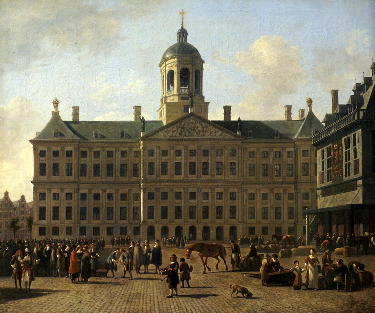 Niemcy: Plac Dam w Amsterdamie z ratuszem i wagą Ratusz w Amsterdamie na placu Dam autorstwa Gerrit Adriaenszoon Berckheyde