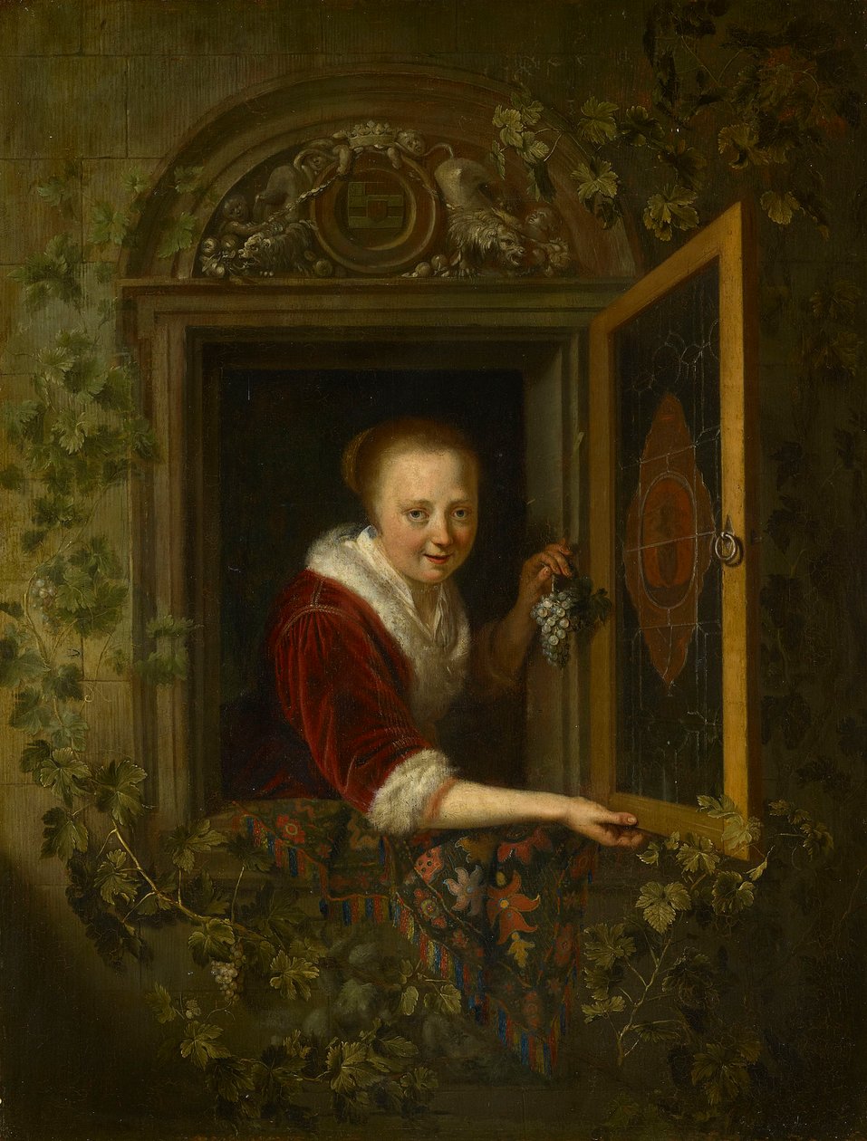 Dziewczyna z kiścią winogron przy oknie autorstwa Gerrit Dou