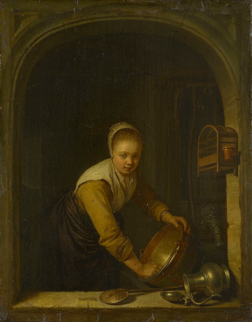 Służąca szorująca mosiężną patelnię przy oknie autorstwa Gerrit Dou