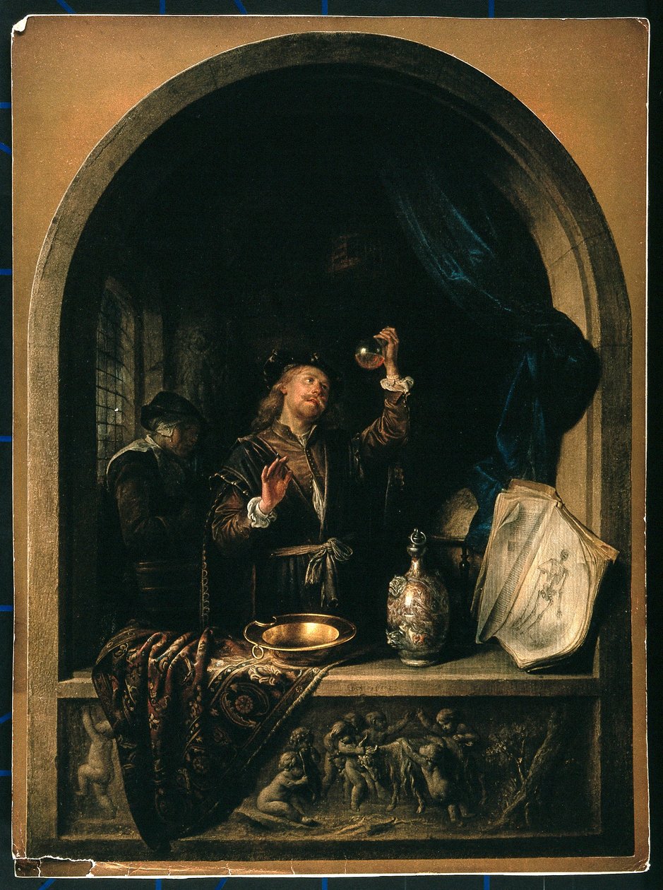 Lekarz badający próbkę moczu pobraną od starszej kobiety autorstwa Gerrit Dou