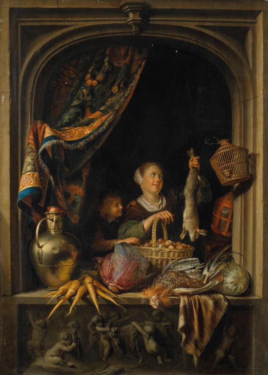 Młoda kobieta trzymająca zająca z chłopcem przy oknie autorstwa Gerrit Dou