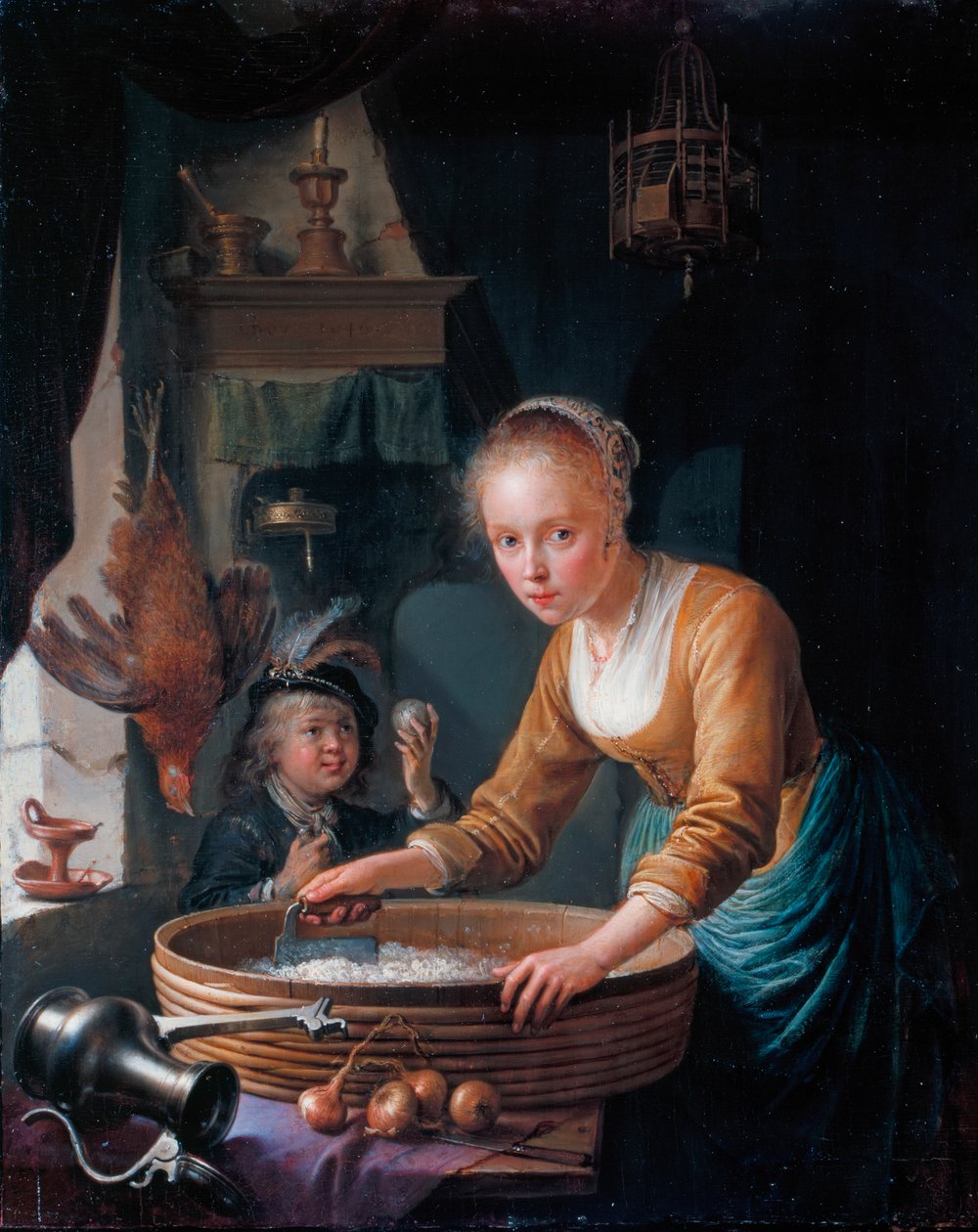 Francuski: Jeune fille hachant des oignons Dziewczyna siekająca cebulę autorstwa Gerrit Dou