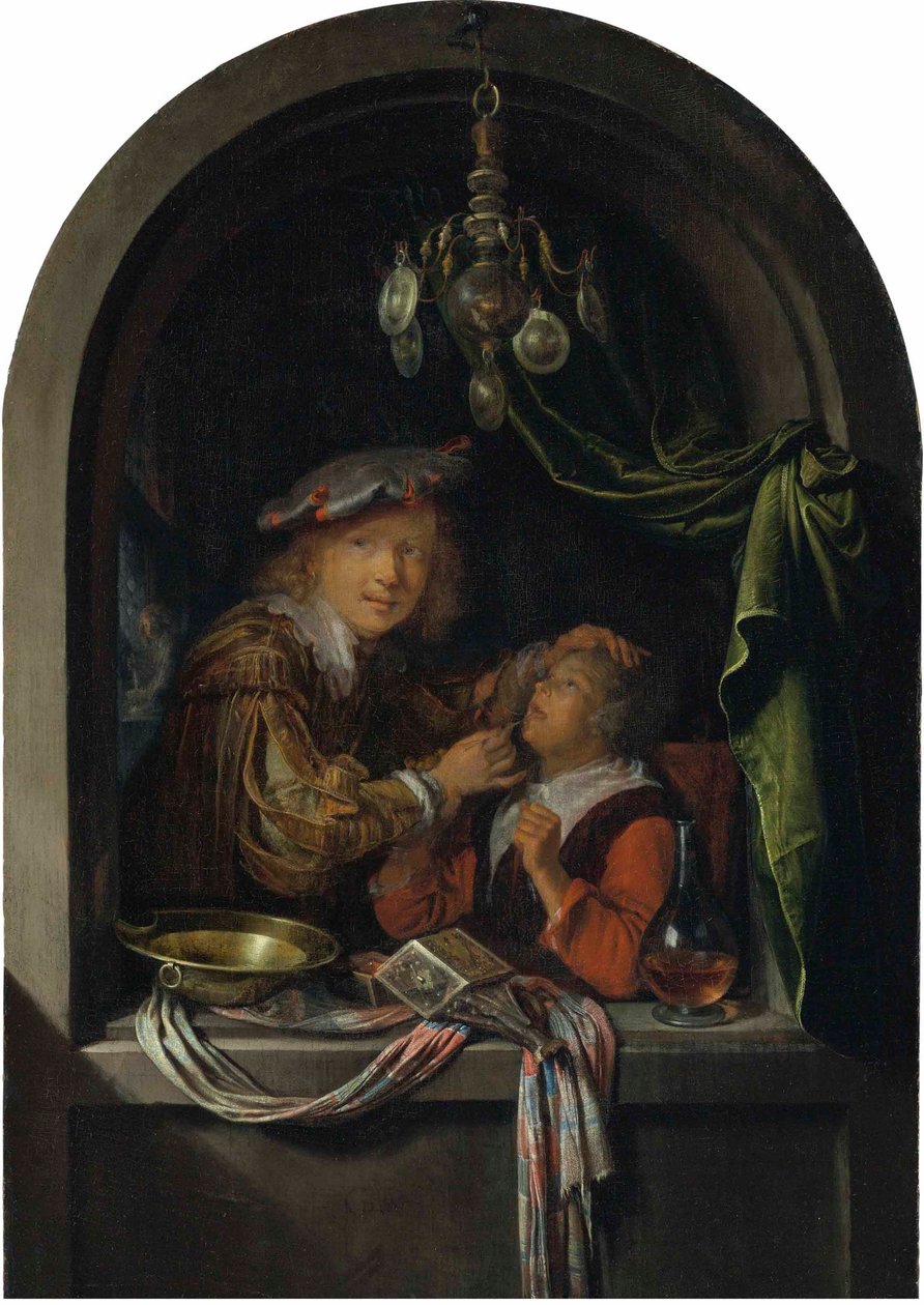 Niemiecki: Der Zahnarzt Fryzjer-chirurg badający dziewczynę autorstwa Gerrit Dou