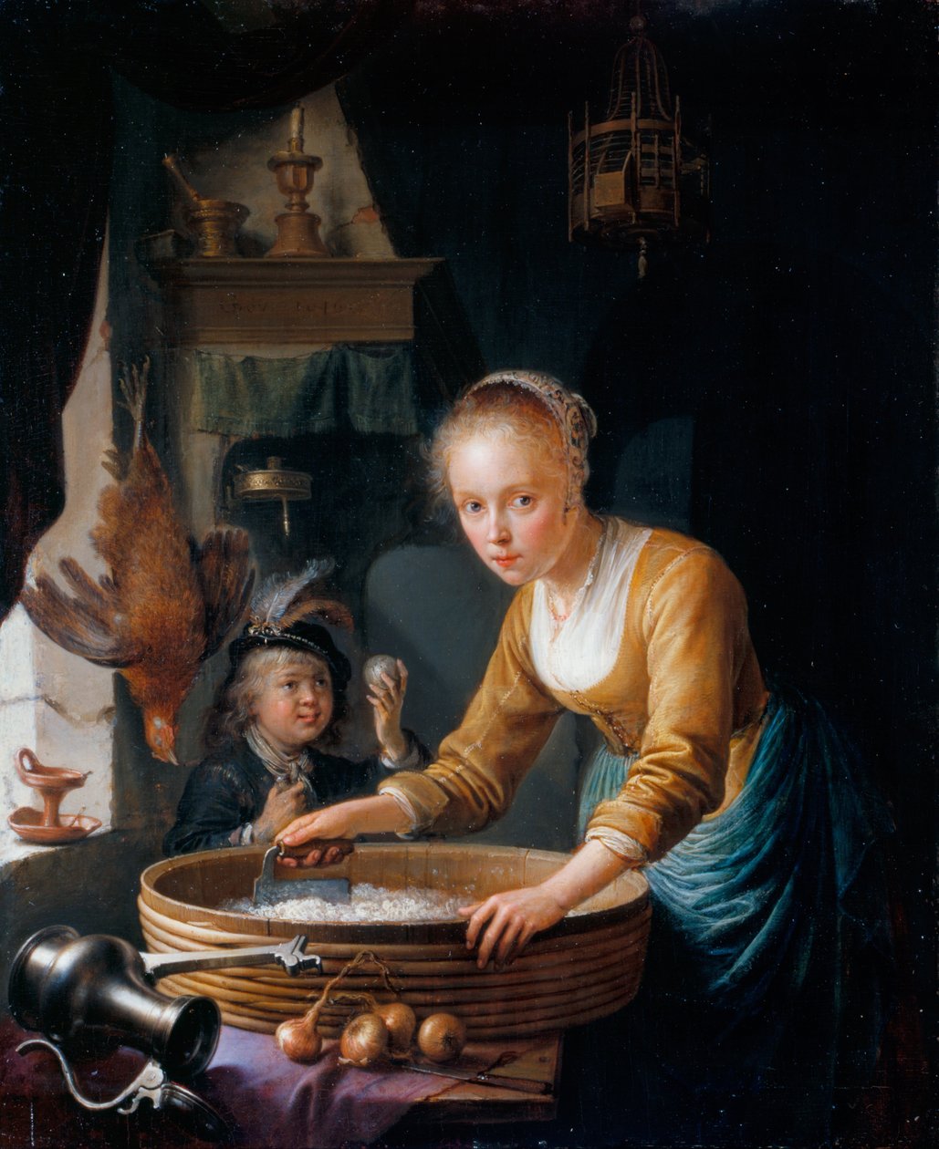 Dziewczyna siekająca cebulę autorstwa Gerrit Dou