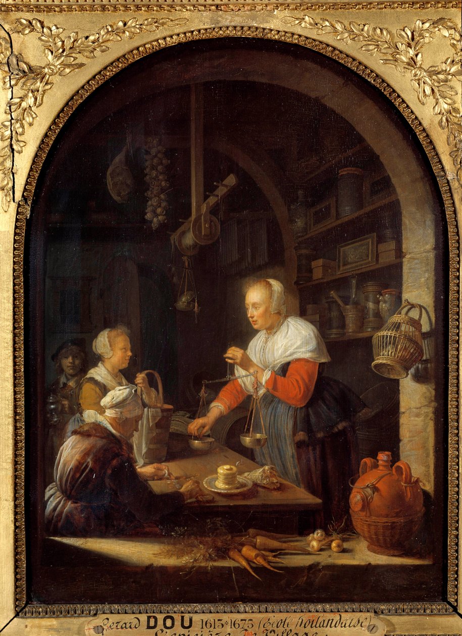 Sklep spożywczy wsi (z portretem malarza w tle) Obraz Gerarda Dou (1613-1675) 1647 nd. 0,38x0,29 m² autorstwa Gerrit Dou