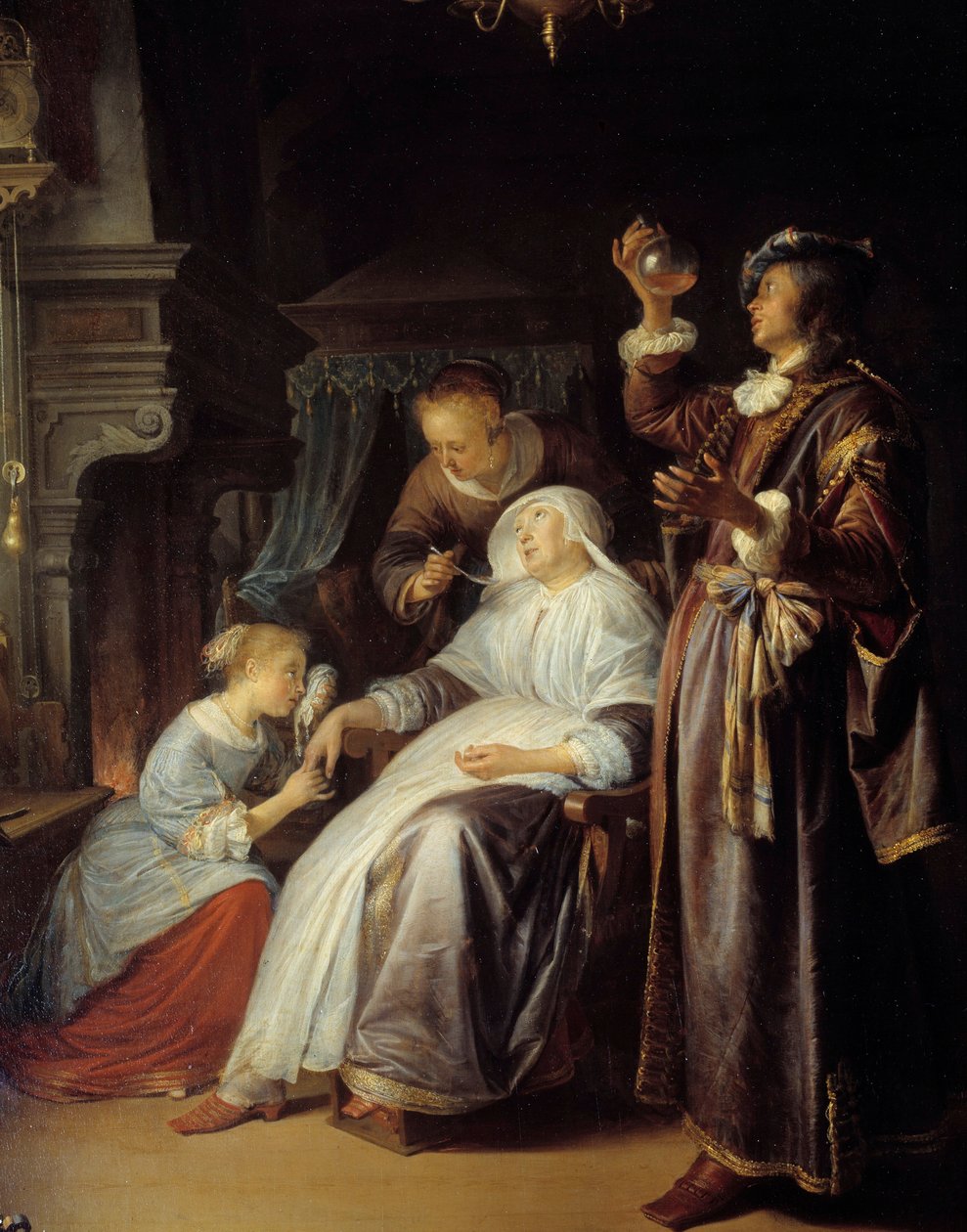 Kobieta uwodniona. Lekarz bada mocz kobiety z obrzękiem. Szczegół. Obraz Gerarda Dou (1613-1675) autorstwa Gerrit Dou