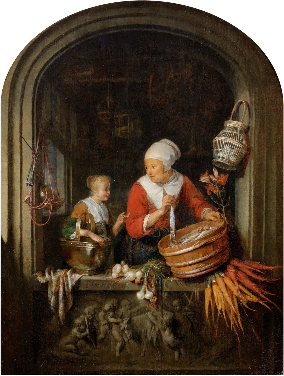 Kobieta sprzedająca śledzie i dziewczyna w oknie autorstwa Gerrit Dou