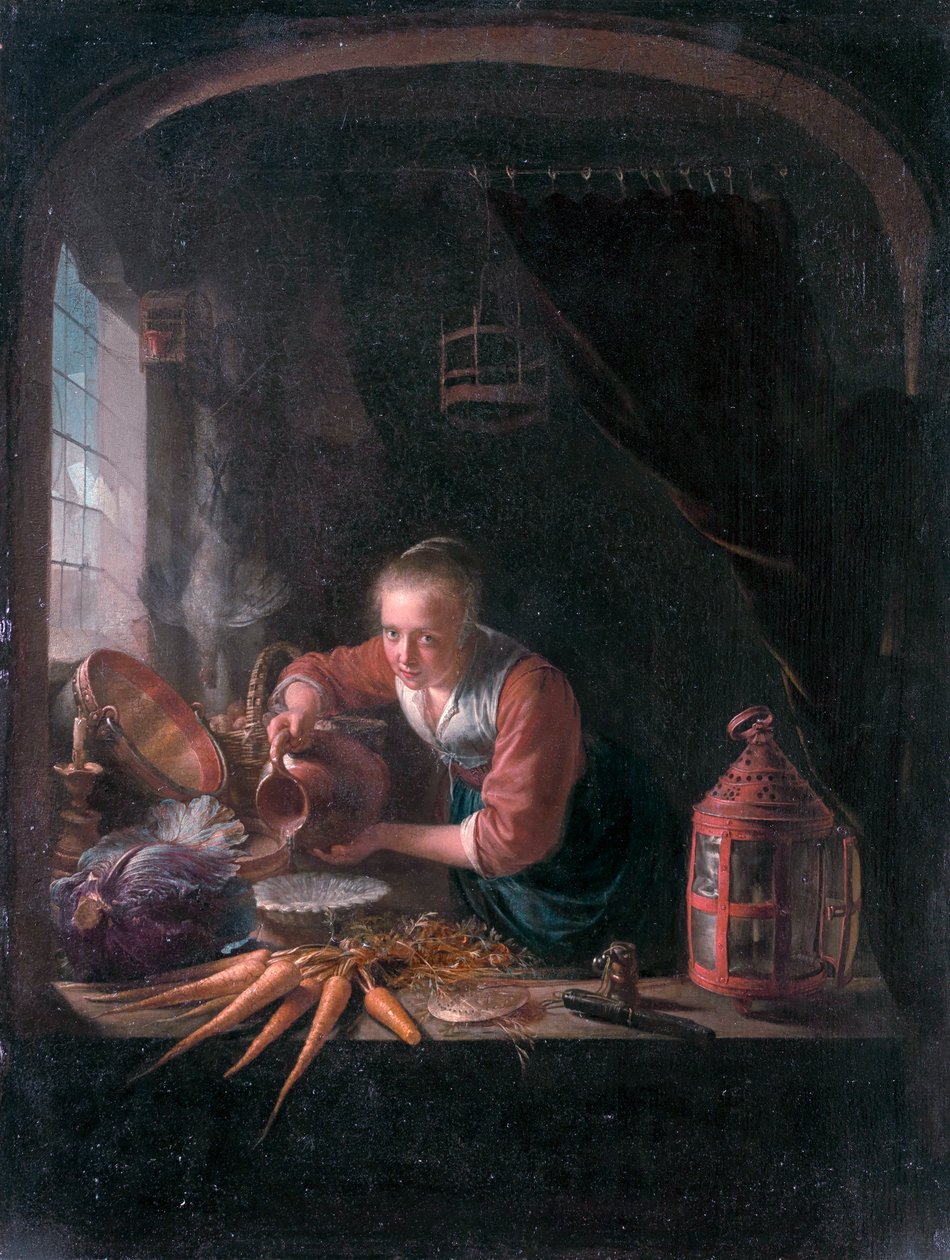 Młoda kobieta nalewająca wodę z dzbanka autorstwa Gerrit Dou