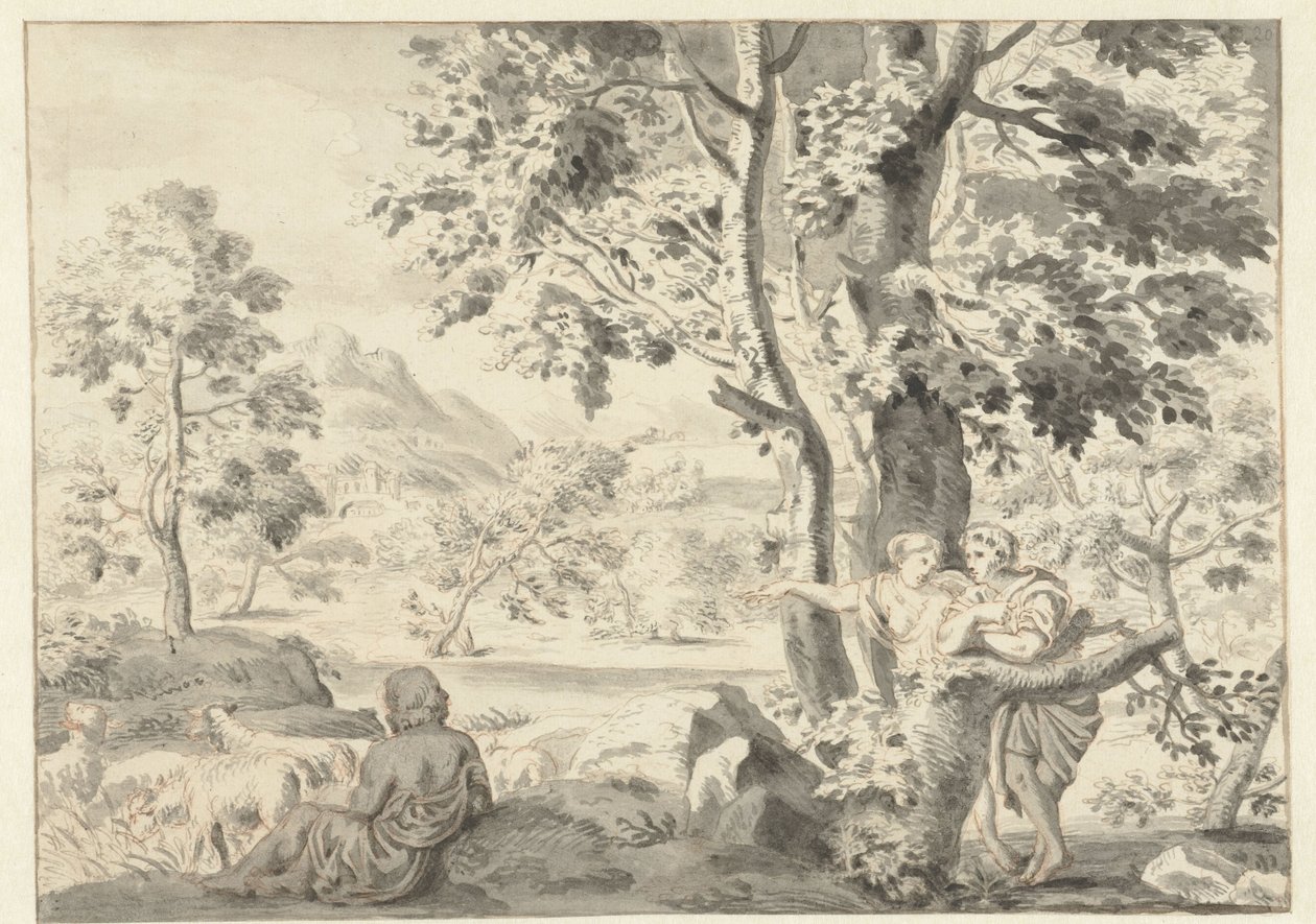 Zalesiony krajobraz z pasterzem, mężczyzną i kobietą autorstwa Gerrit Grasdorp (possibly)