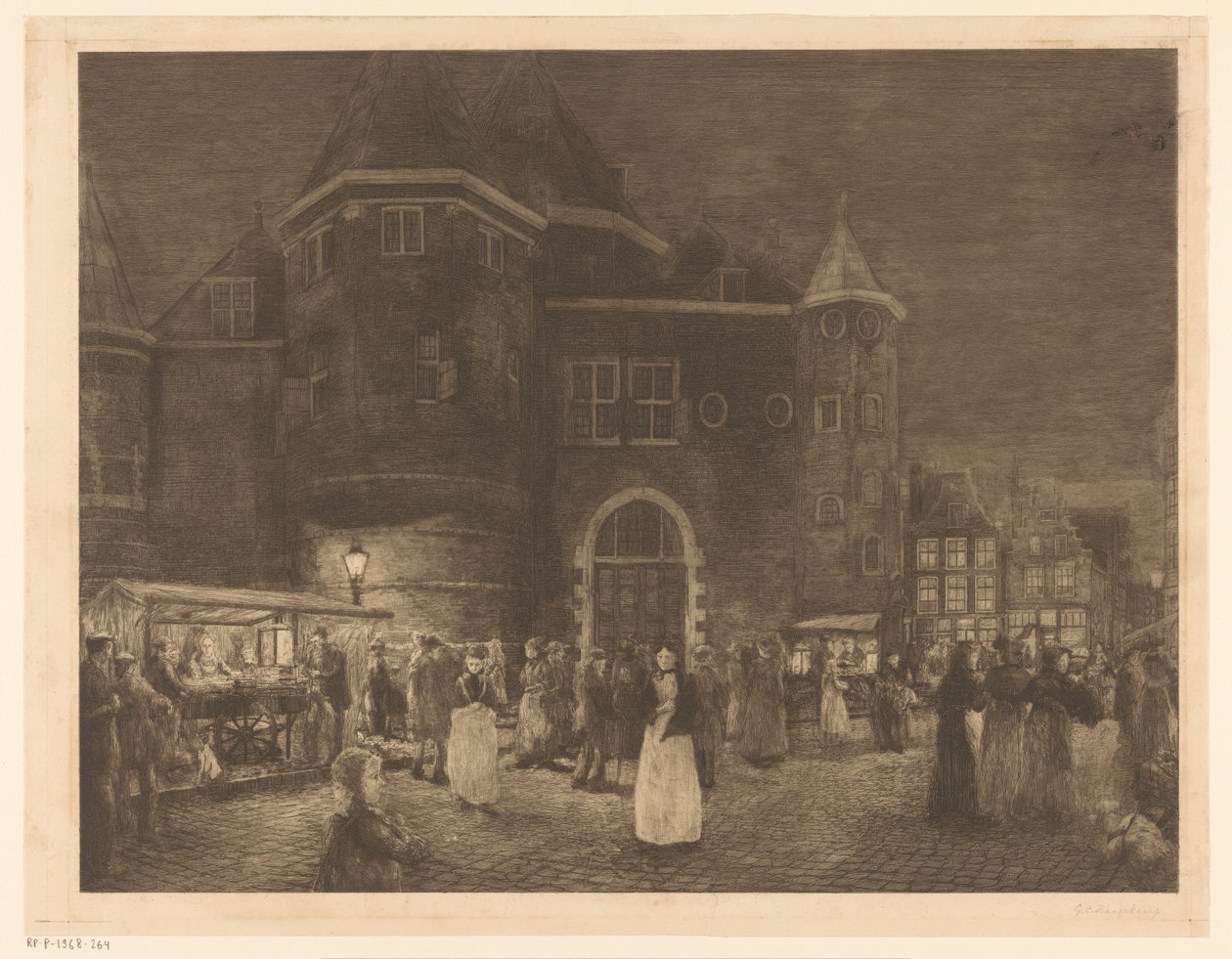 Targ w Waag na Nieuwmarkt w Amsterdamie nocą autorstwa Gerrit Haverkamp (signed by artist)