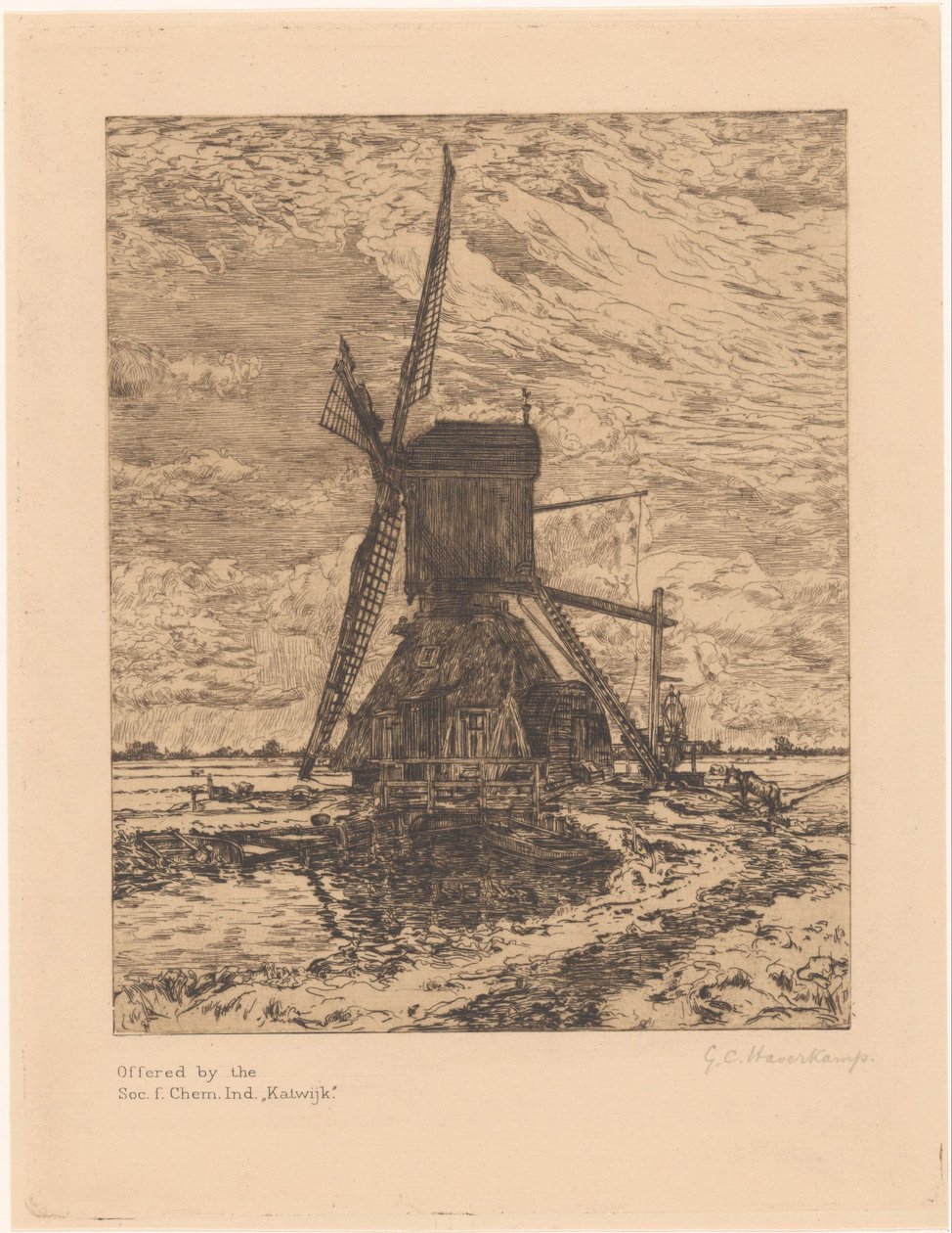Młyn w płaskim krajobrazie autorstwa Gerrit Haverkamp (signed by artist)