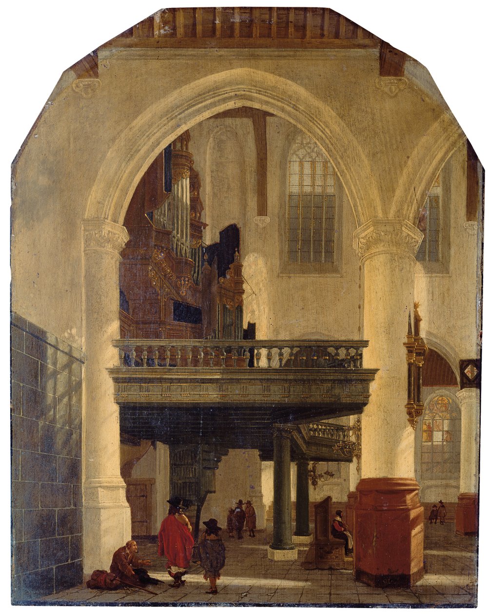 Zachodni kraniec Oude Kerk, Delft, od nawy południowej na północ z chórem organowym autorstwa Gerrit Houckgeest