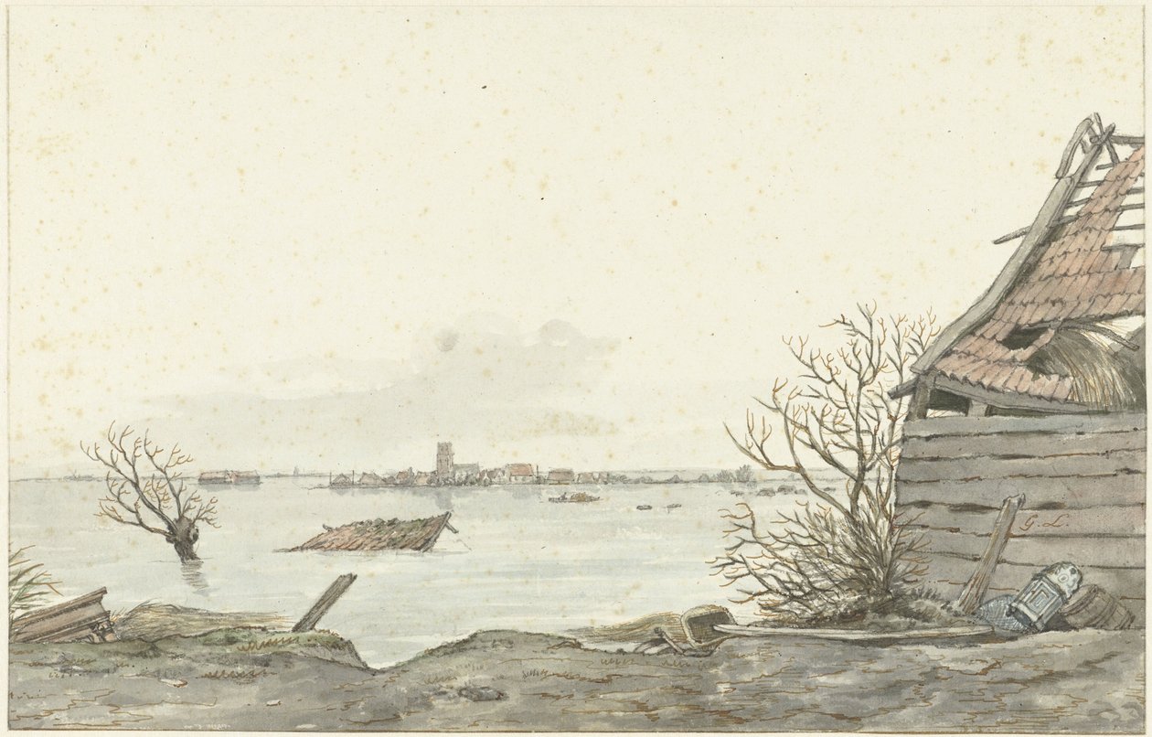 Widok zalanego Ransdorp, luty 1825 autorstwa Gerrit Lamberts