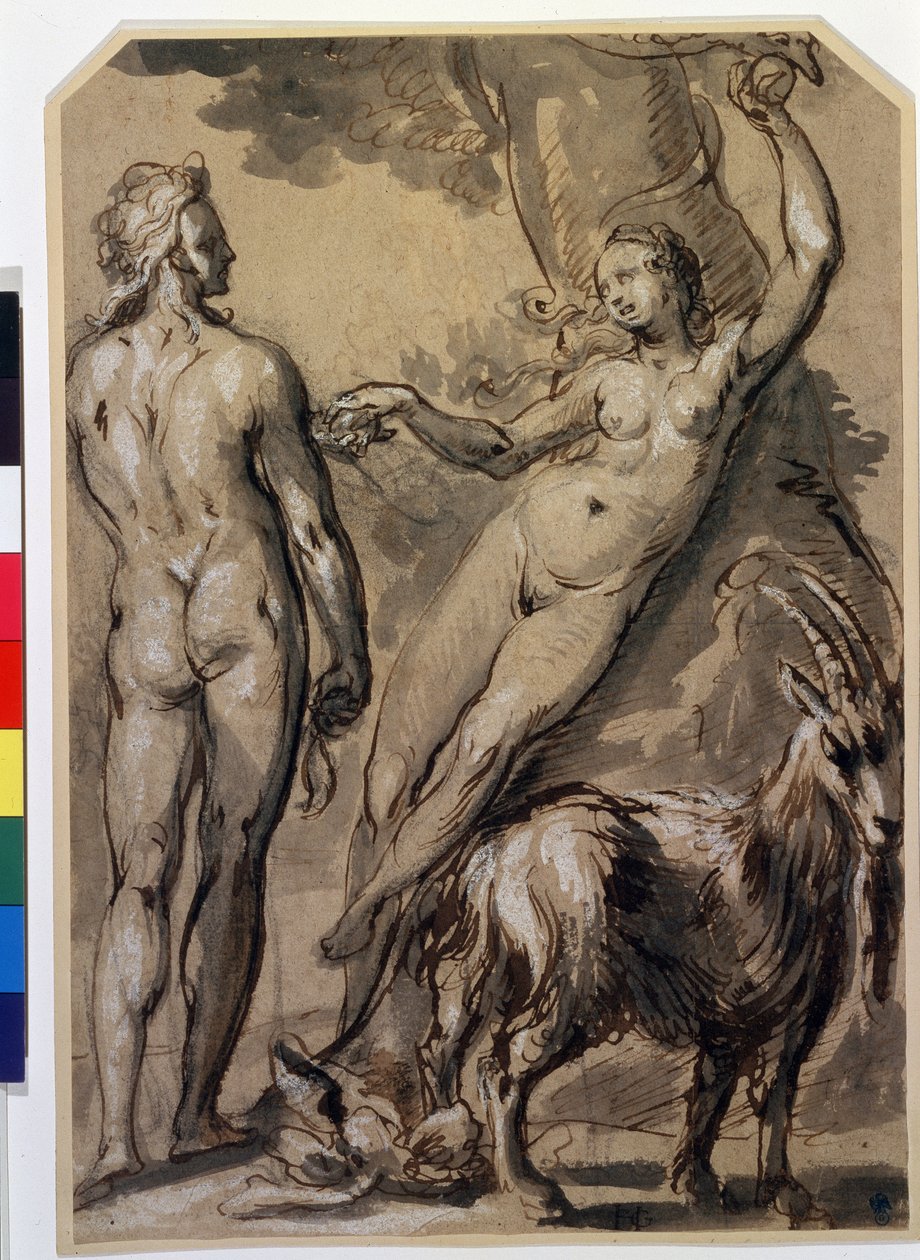 "Adam i Ewa" Ewa zbiera zakazany owoc i wręcza go Adamowi. Rysunek piórkiem Gerrita Pietersza (1566-około 1616) Późne lata 1590. Muzeum Puszkina, Moskwa autorstwa Gerrit Pietersz