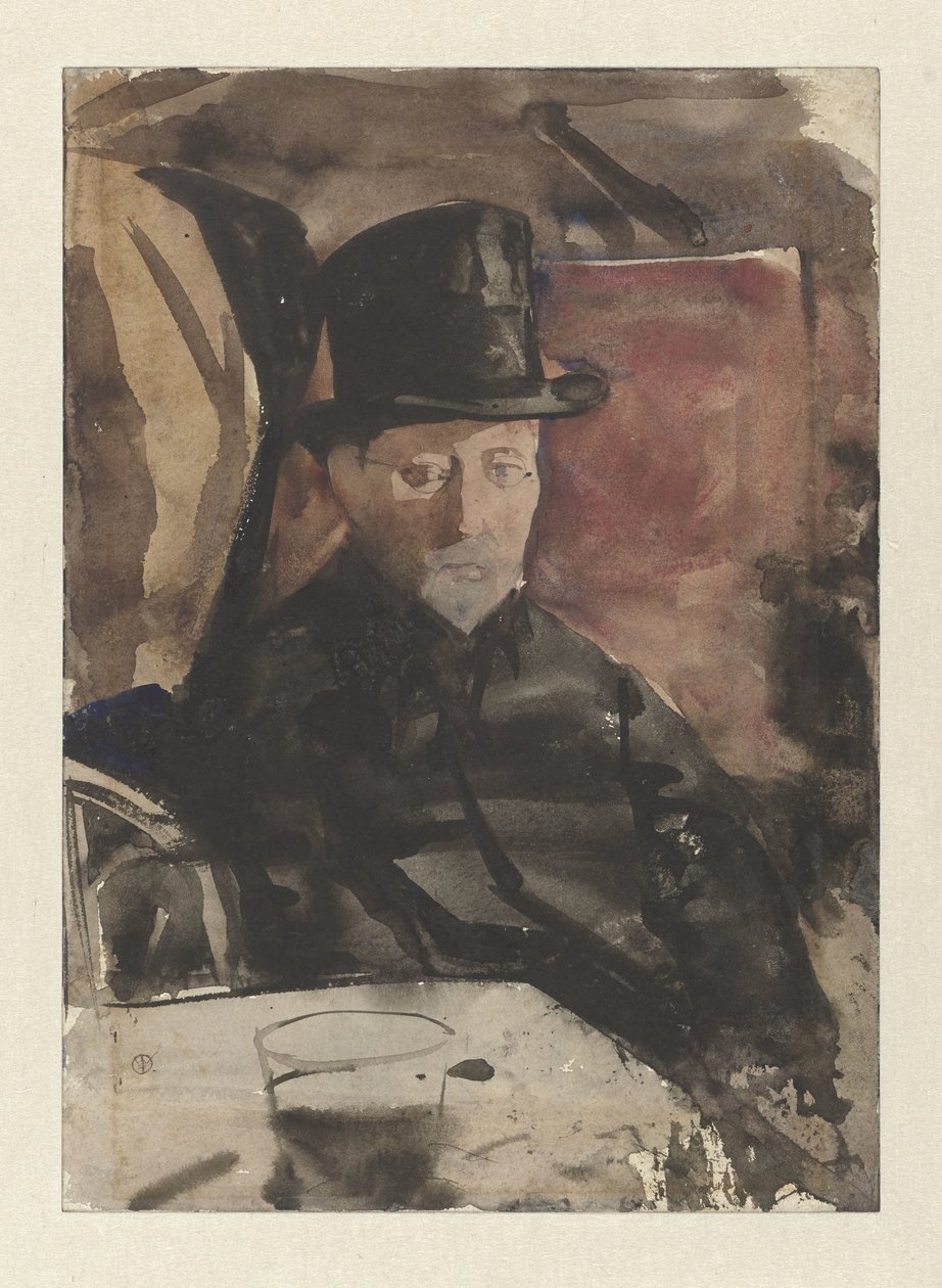 Siedzący mężczyzna w cylindrze w kawiarni autorstwa Gerrit Willem Dijsselhof