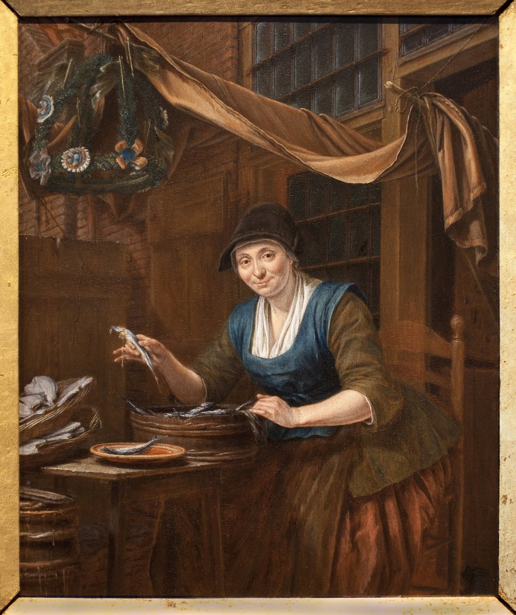 Sprzedawca ryb. Obraz Gerrita Zegelaara (1719-1794), olej na drewnie, połowa XVIII wieku. Muzeum Sztuk Pięknych w Angers. autorstwa Gerrit Zegelaar