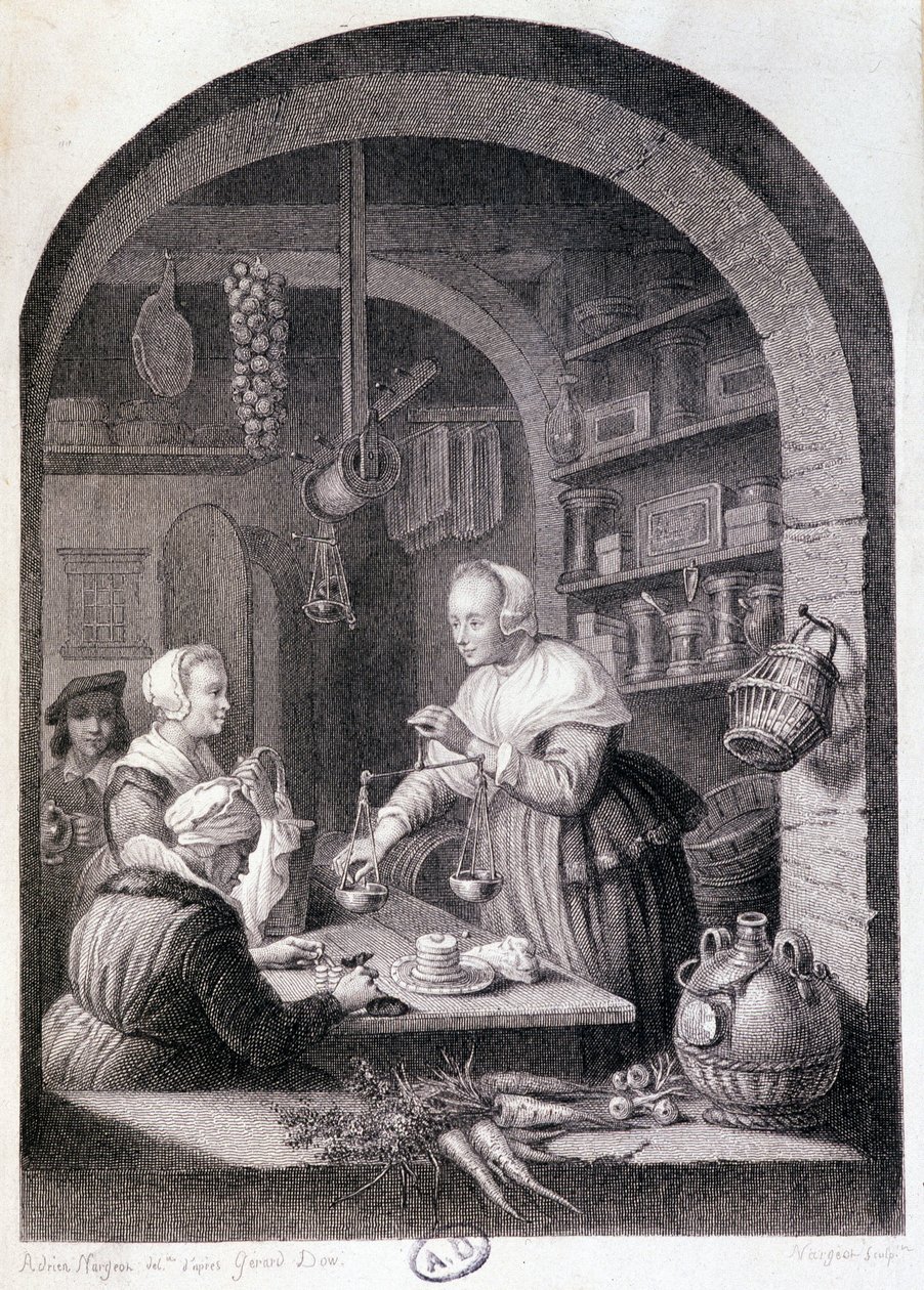 Wiejski sklep spożywczy ważenie z wagą. sd. 18 wiek autorstwa Gerrit or Gerard (after) Dou