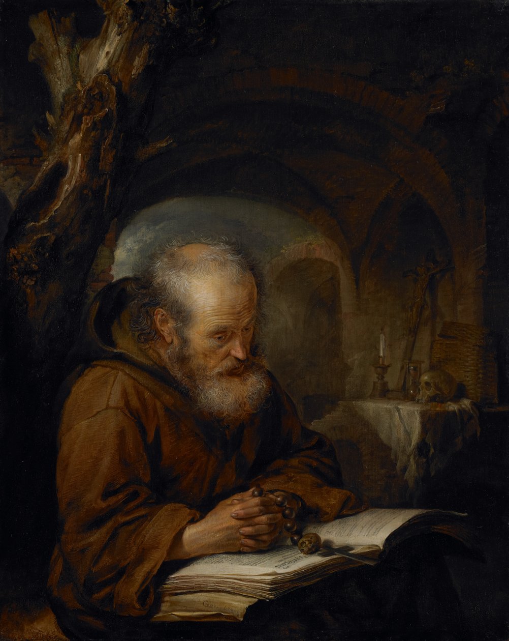 Modlitwa pustelnika, 1670 autorstwa Gerrit Dou