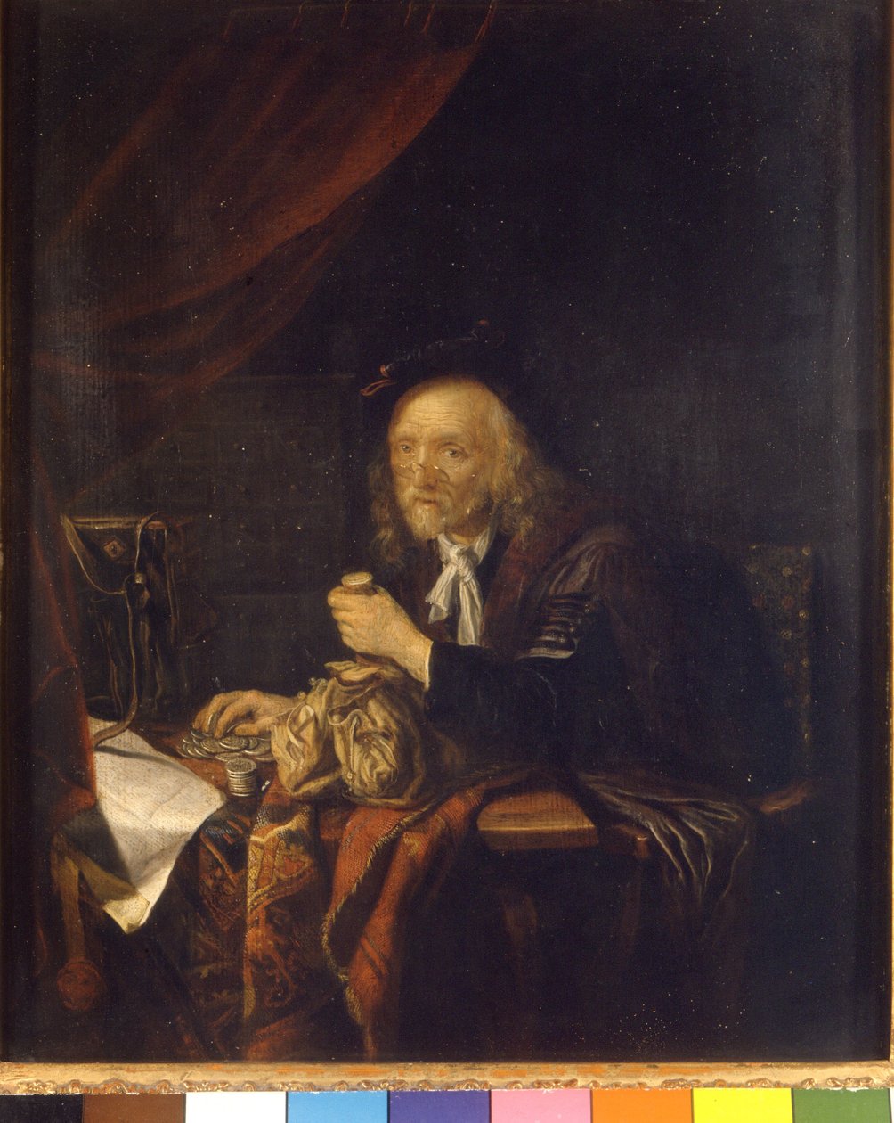 Nieufny człowiek liczy pieniądze trzymając w ręku torebkę. Obraz Gerarda Dou (lub Gerrita Dow) (1613-1675) XVII w. Mediolan Museo del castello autorstwa Gerrit Dou
