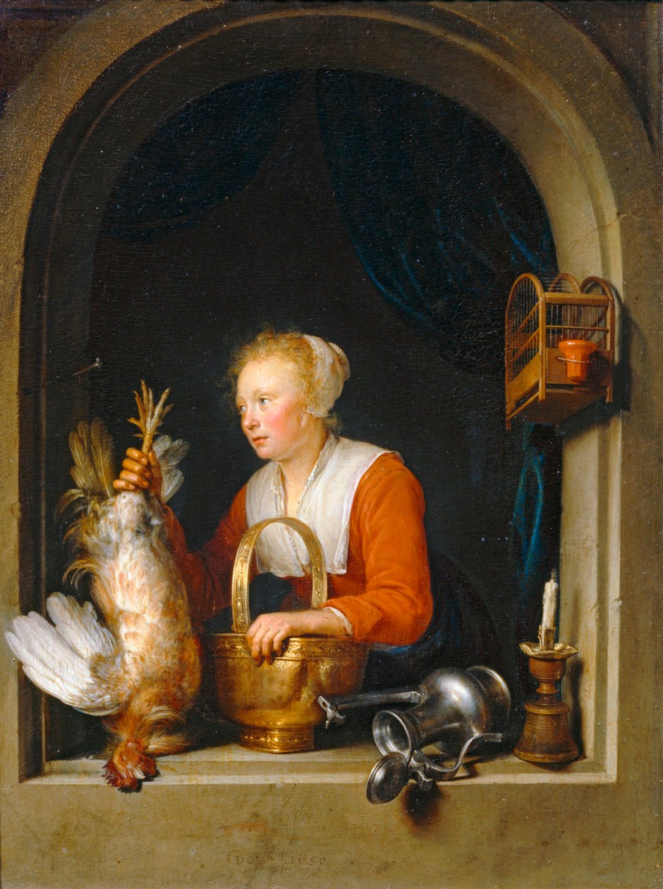 Femme accrochant un coq à sa fenetre, dit aussi La Menagère hollandaise - Kobieta wieszająca koguta w swoim oknie, zwana także holenderską gospodynią domową ... autorstwa Gerrit or Gerard Dou