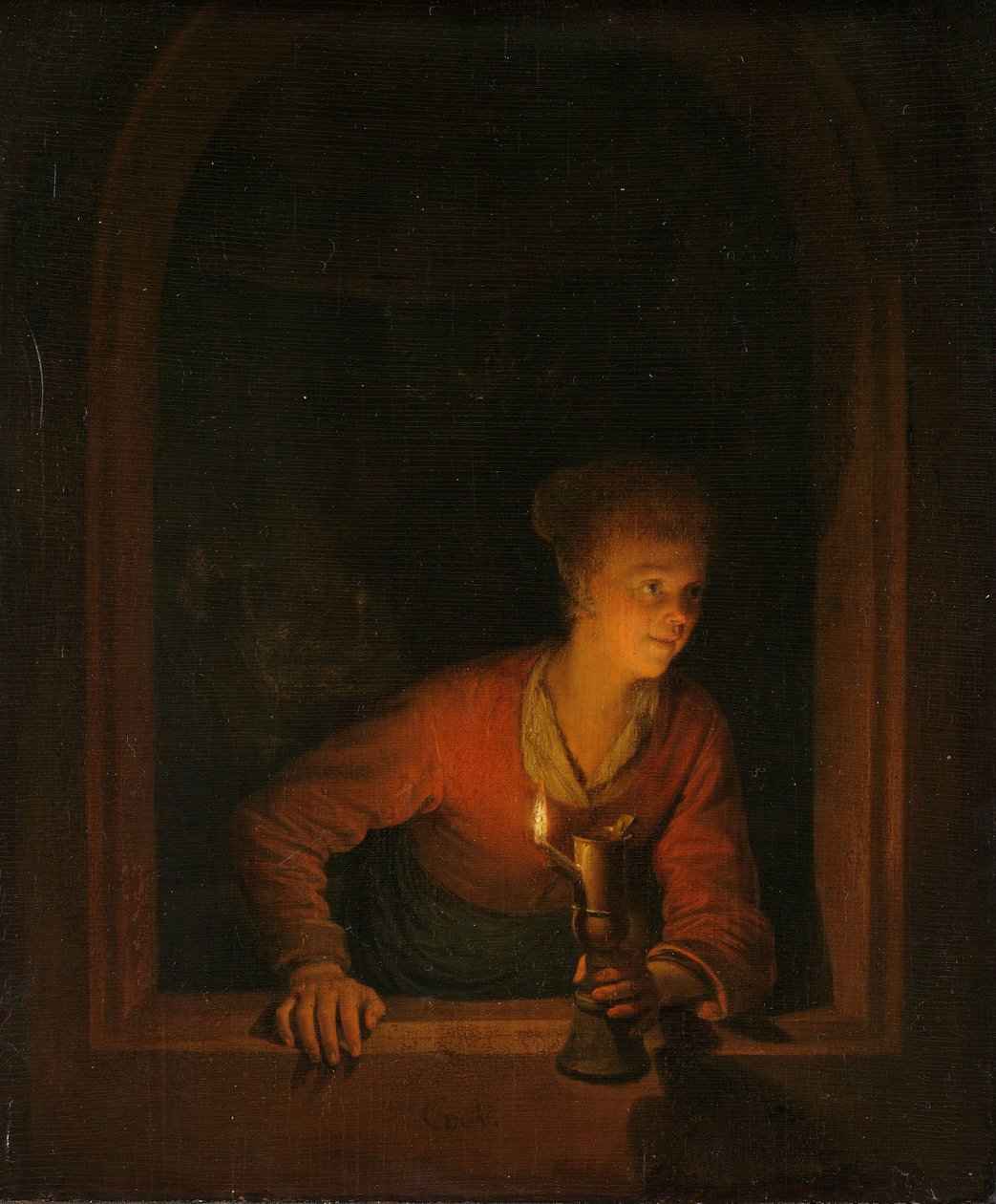 Dziewczyna z lampą oliwną przy oknie, 1645-75 autorstwa Gerrit Dou