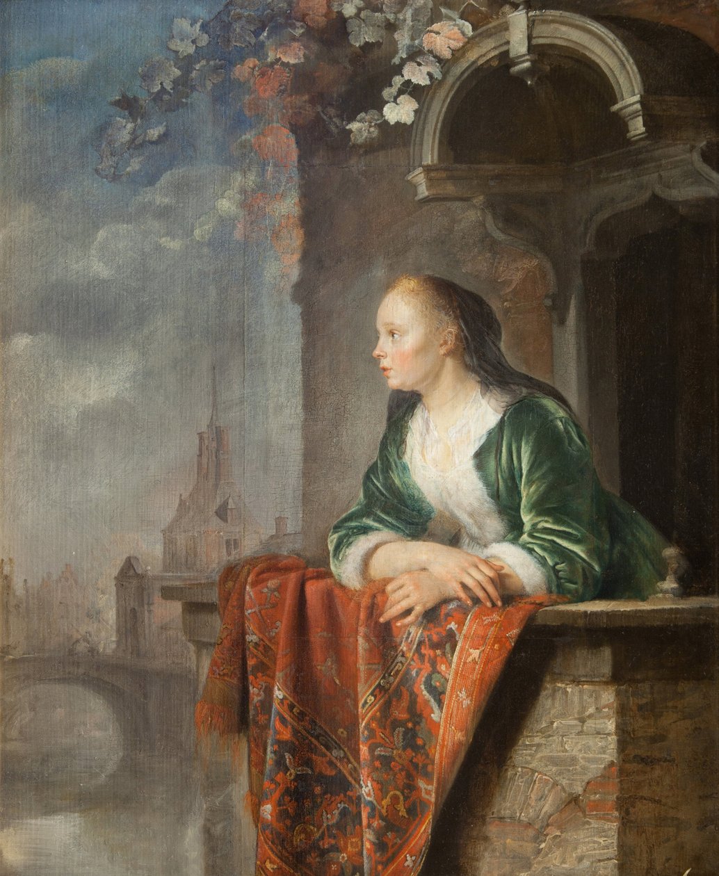 Młoda kobieta na balkonie - Młoda kobieta na balkonie - Gerard (Gerrit) Dou (1613-1675). Olej na płótnie, ok. 1665. Galeria Narodowa, Praga autorstwa Gerrit Dou