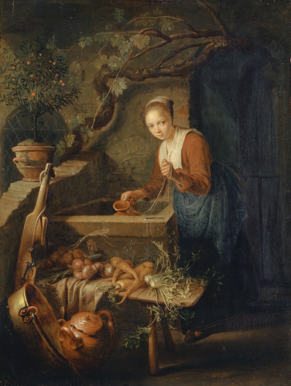 Pokojówka kuchenna przy studni, ok.1650 autorstwa Gerrit Dou