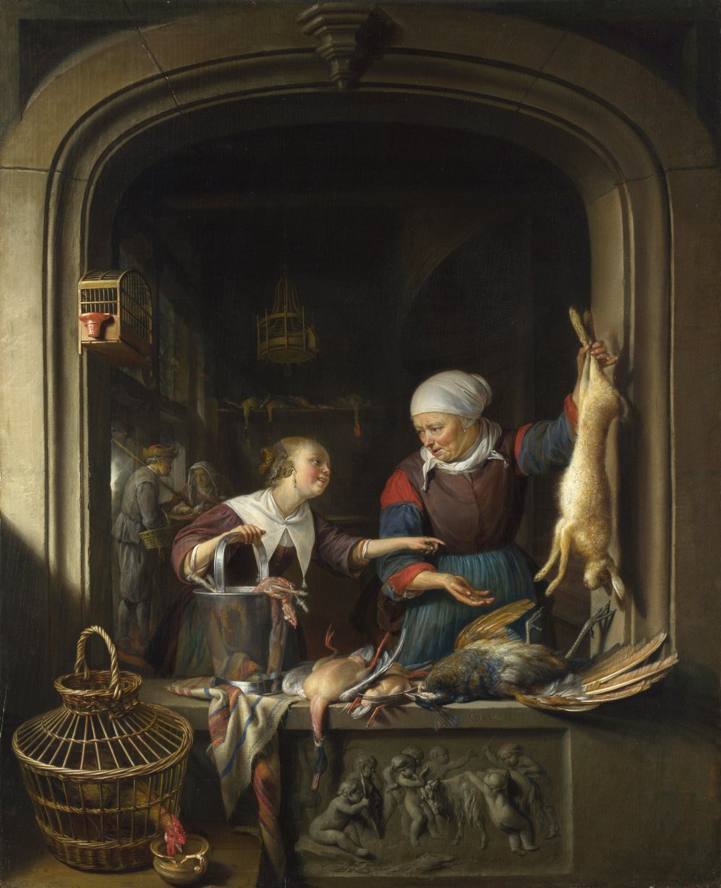 Sklep drobiarski - Sklep drobiarski - Obraz Gerarda (Gerrita) Dou (Dow) (1613-1675) - ok. 1930 r. 1670 - Olej na drewnie - 58x46 cm - National Gallery, Londyn autorstwa Gerrit Dou