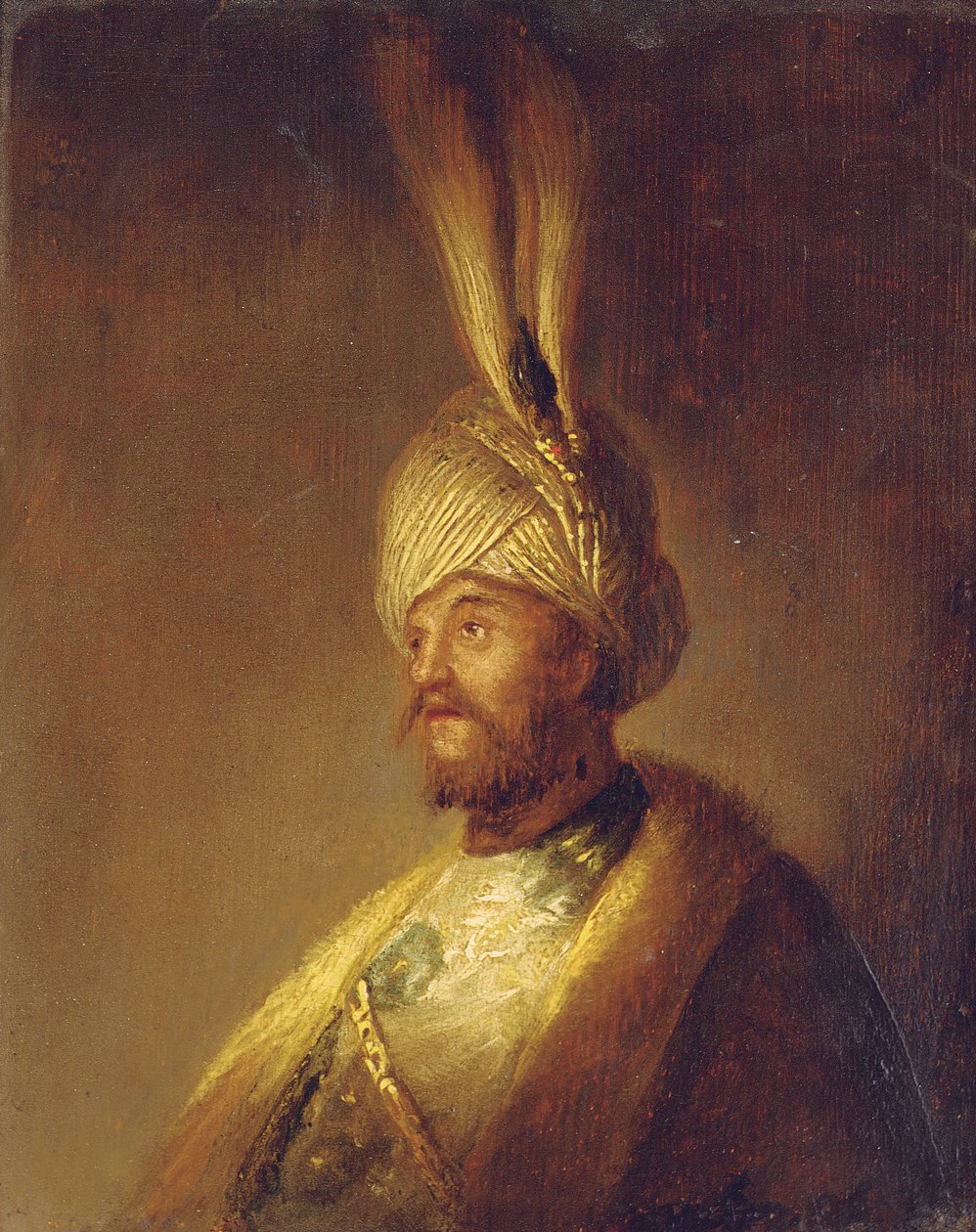 Portret mężczyzny, do biustu, w turbanie z piórkiem autorstwa Gerrit Dou