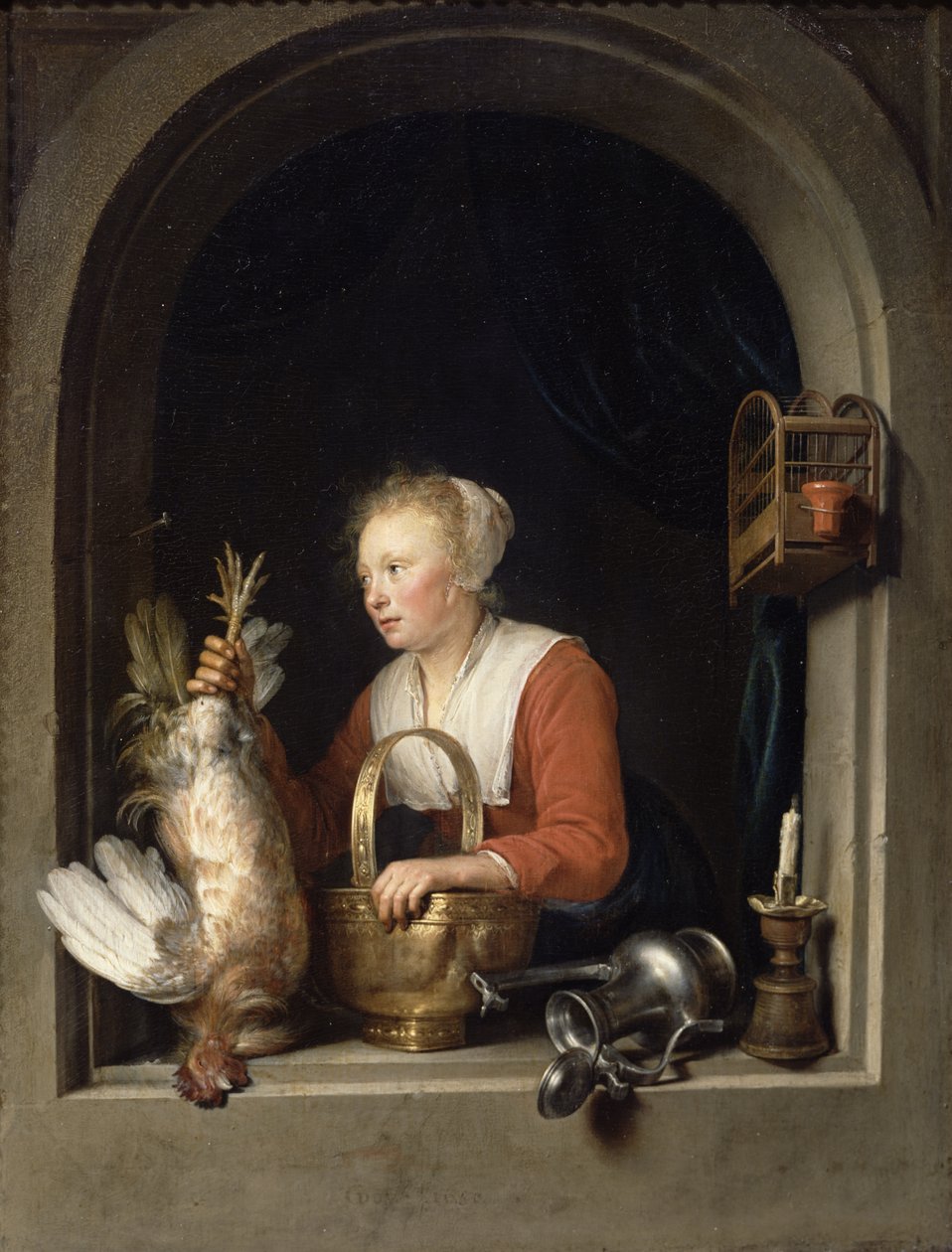 Holenderska Gospodyni Domowa, czyli Kobieta wisząca Kogucika w Oknie, 1650 autorstwa Gerrit Dou
