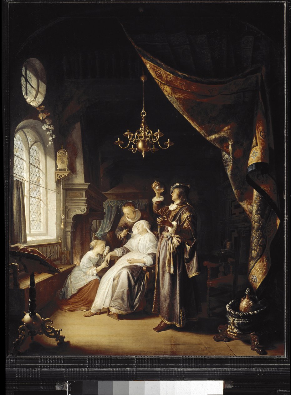 Kobieta uwodniona (olej na drewnie) autorstwa Gerrit Dou