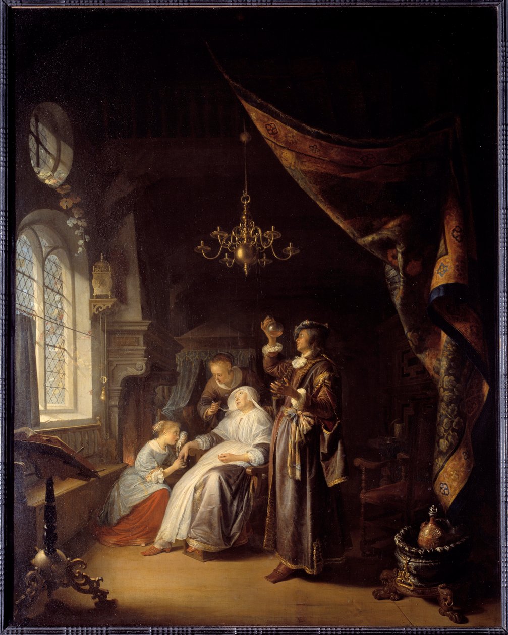 Kobieta uwodniona. Lekarz bada mocz kobiety z obrzękiem. Obraz Gerarda Dou (1613-1675) Ec. Hol autorstwa Gerrit Dou