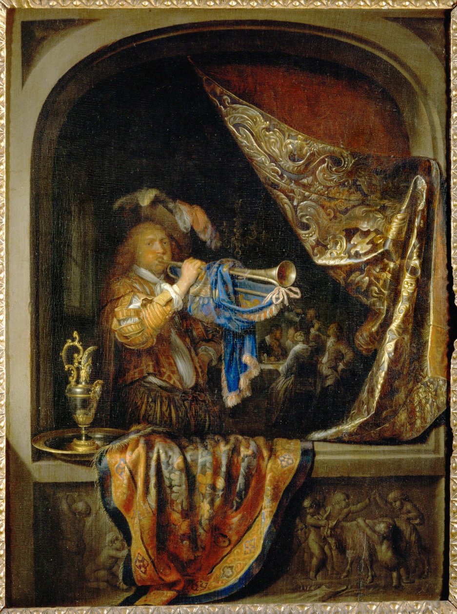 Trębacz, w tle uczta ... autorstwa Gerrit or Gerard Dou