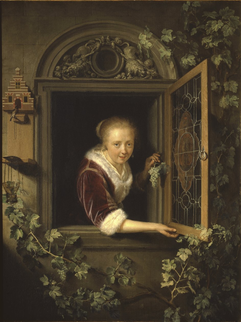 Młoda kobieta przy oknie z kiścią winogron, 1622 autorstwa Gerrit Dou
