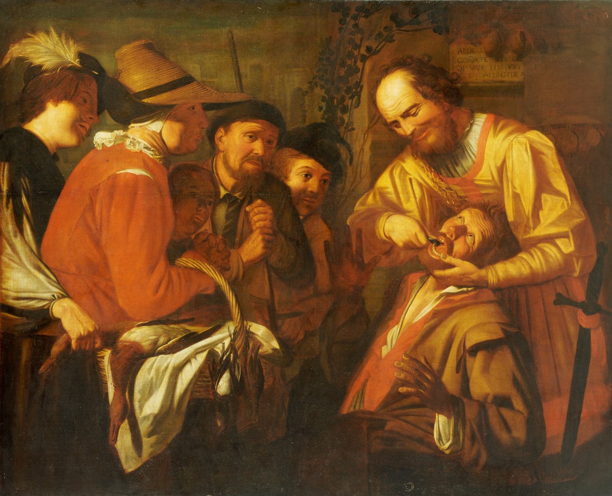 Znachor dentysta wyrywający ząb, podczas gdy grupa gapiów obserwuje w pobliżu autorstwa Gerrit van Honthorst