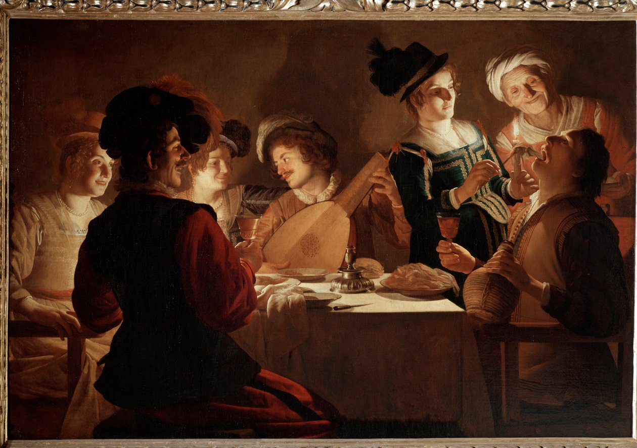 Kolacja z grającym na lutni. (Obraz autorstwa Gerrit van Honthorst