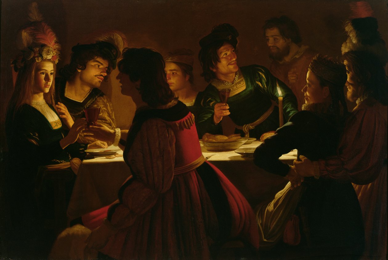 Scena uczty z młodym małżeństwem, ok. 1617 r. autorstwa Gerrit van Honthorst