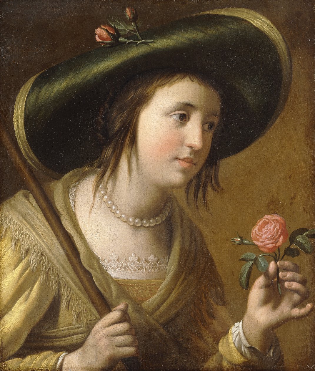 Portret księżniczki Elżbiety II van de Palts jako pasterki, długość biustu, trzymająca różę, autorstwa Gerrit van Honthorst