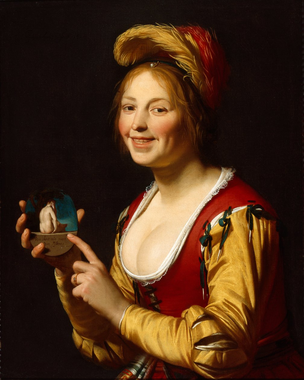 Uśmiechnięta dziewczyna, kurtyzana, trzymająca obsceniczny wizerunek autorstwa Gerrit van Honthorst