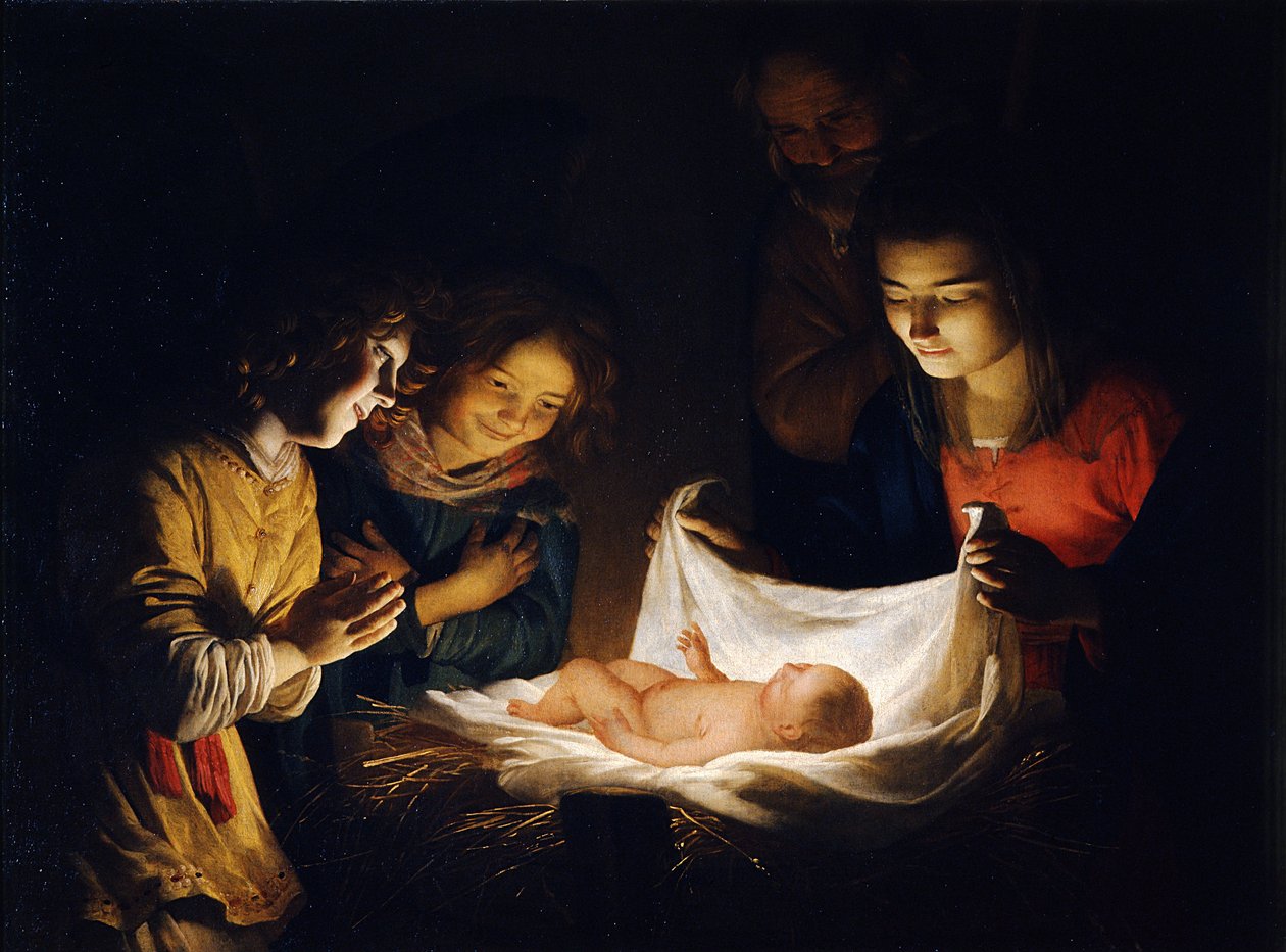 Adoracja Dzieciątka Jezus, c. 1620 autorstwa Gerrit van Honthorst