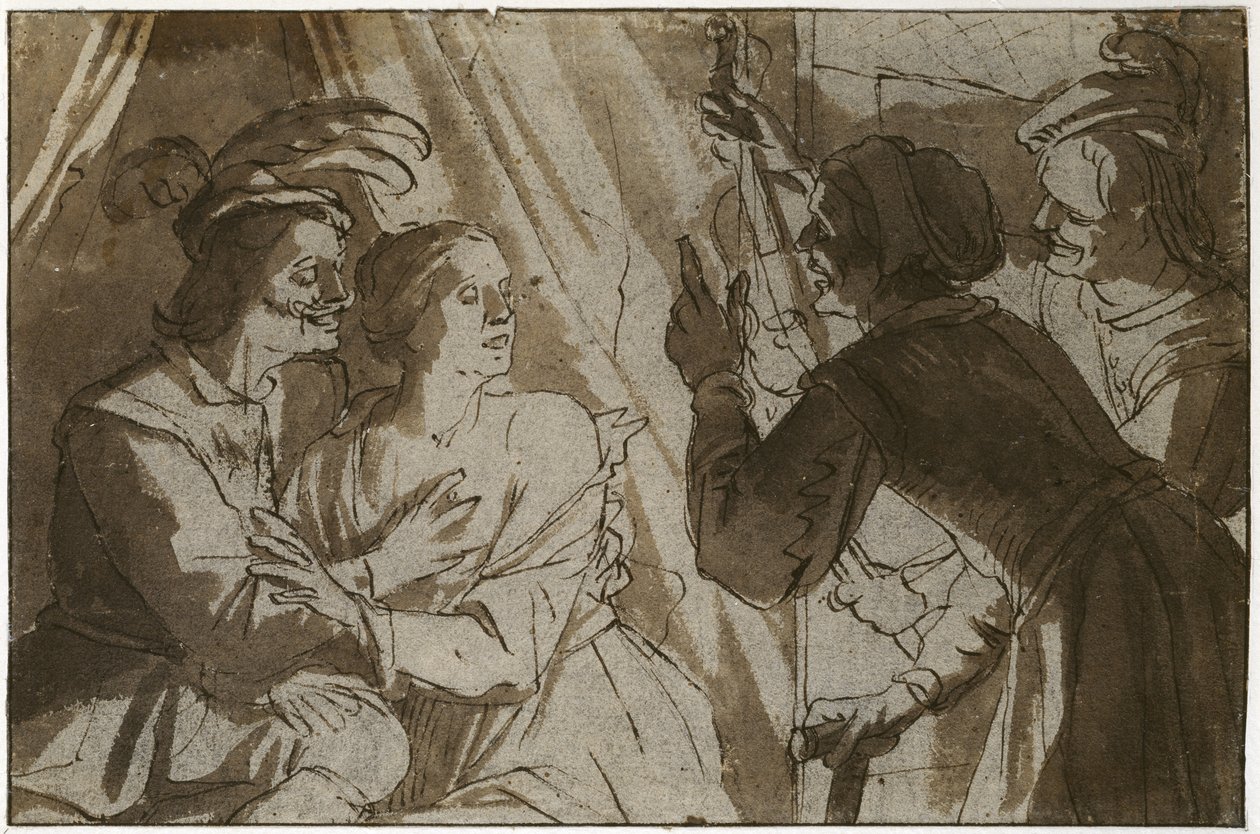 Syn marnotrawny (pióro i brązowy tusz z rozmyciem na czarnej kredzie na papierze) autorstwa Gerrit van Honthorst
