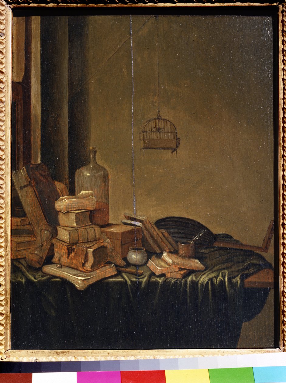 Martwa natura z książkami. Obraz Gerrita van Vuchta (1600 lub 1620 – ok. 1697). Olej na drewnie, 34 x 28 cm. XVII-wieczna szkoła holenderska. Muzeum Sztuk Pięknych im. Puszkina w Moskwie. autorstwa Gerrit van Vucht